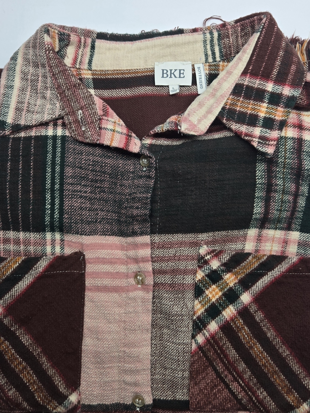 BKE Plaid Button-Up Shirt Jacket in Pink, Brown & Green